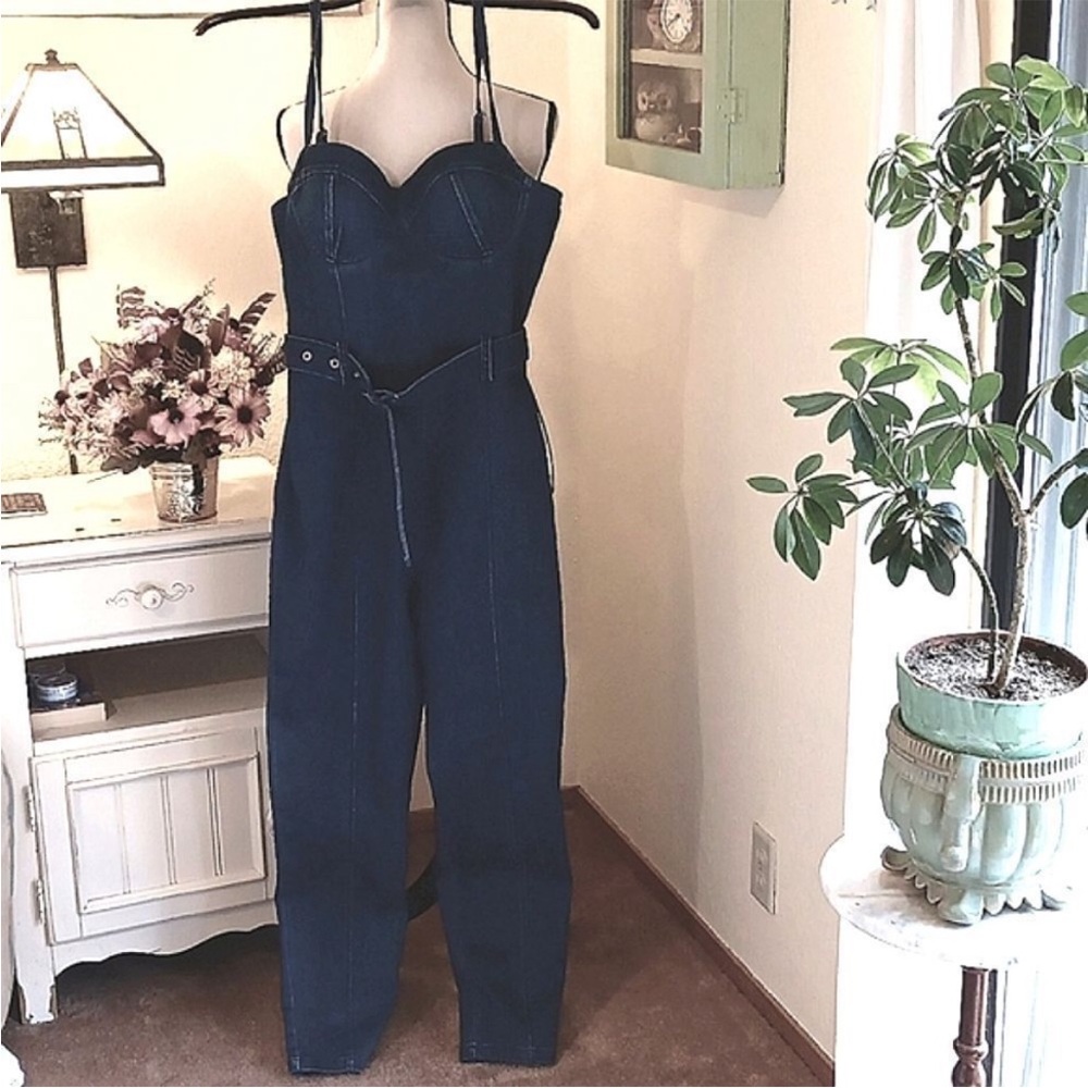 Haute Monde (L/XL) Dark Blue Denim Strap Bustier Jumpsuit W/ a Belt